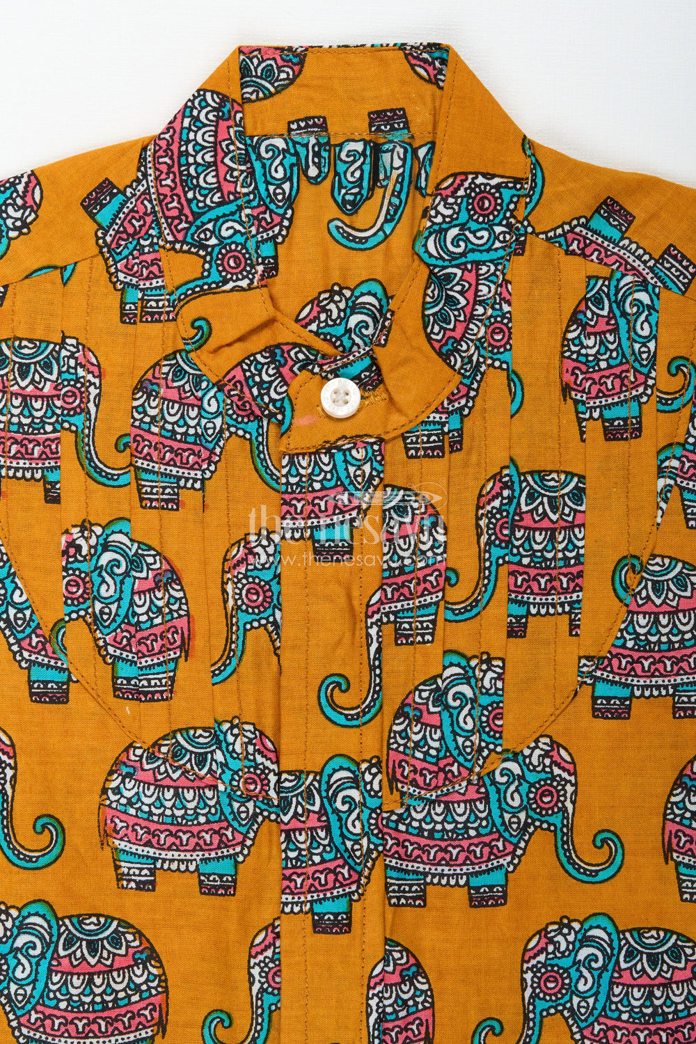 The Nesavu Boys Cotton Shirt Elephant Motif Cotton Shirt for Boys Rich Mustard with Traditional Art Style Nesavu Nesavu Boys Cotton Shirt Elephant Print Mustard Yellow Traditional Artistic Design