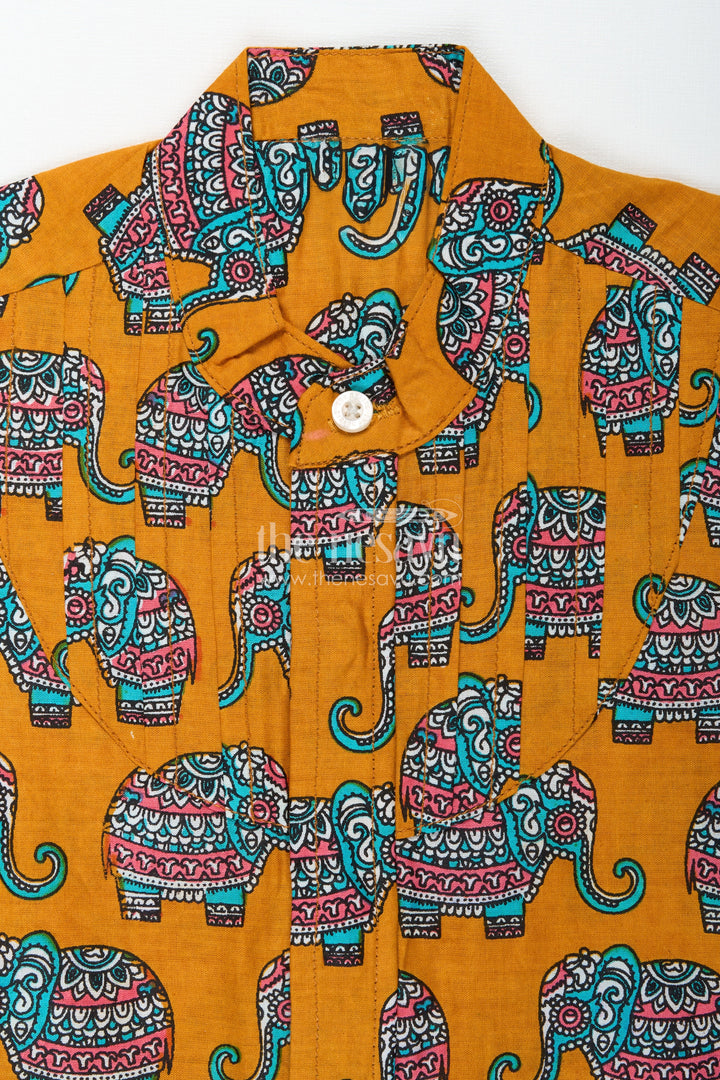 The Nesavu Boys Cotton Shirt Elephant Motif Cotton Shirt for Boys Rich Mustard with Traditional Art Style Nesavu Nesavu Boys Cotton Shirt Elephant Print Mustard Yellow Traditional Artistic Design