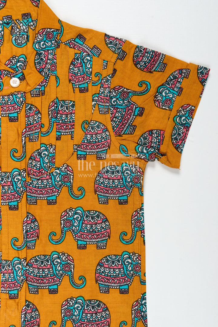 The Nesavu Boys Cotton Shirt Elephant Motif Cotton Shirt for Boys Rich Mustard with Traditional Art Style Nesavu Nesavu Boys Cotton Shirt Elephant Print Mustard Yellow Traditional Artistic Design