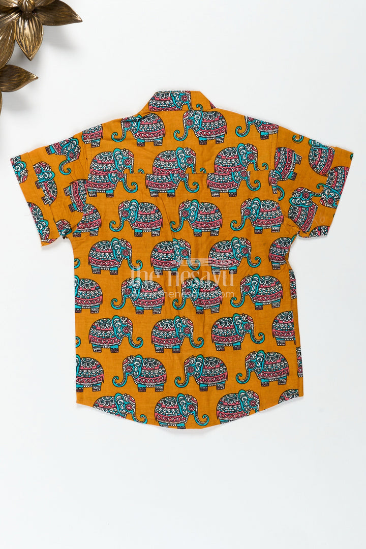 The Nesavu Boys Cotton Shirt Elephant Motif Cotton Shirt for Boys Rich Mustard with Traditional Art Style Nesavu Nesavu Boys Cotton Shirt Elephant Print Mustard Yellow Traditional Artistic Design