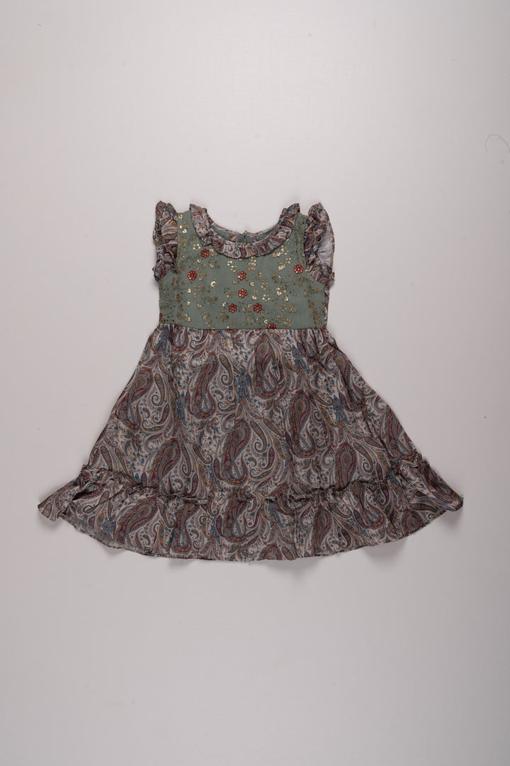 The Nesavu Girls Cotton Frock Elysian Paisley - Exquisite Sequin Embroidered Cotton Frock with Traditional Prints Nesavu 22 (4Y) / Green / Cotton GFC1178A-22 The Beauty of Simplicity | Timeless Cotton Frocks for Girls | The Nesavu
