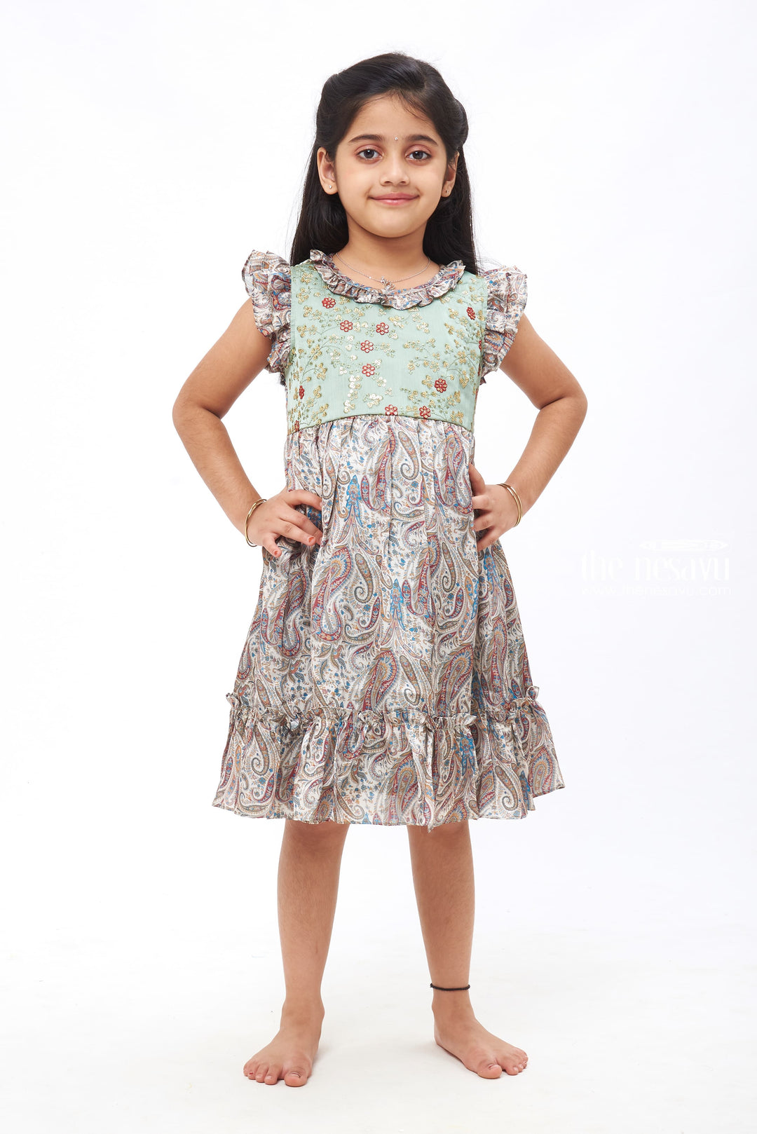 The Nesavu Girls Cotton Frock Elysian Paisley - Exquisite Sequin Embroidered Cotton Frock with Traditional Prints Nesavu 22 (4Y) / Green / Cotton GFC1178A-22 The Beauty of Simplicity | Timeless Cotton Frocks for Girls | The Nesavu