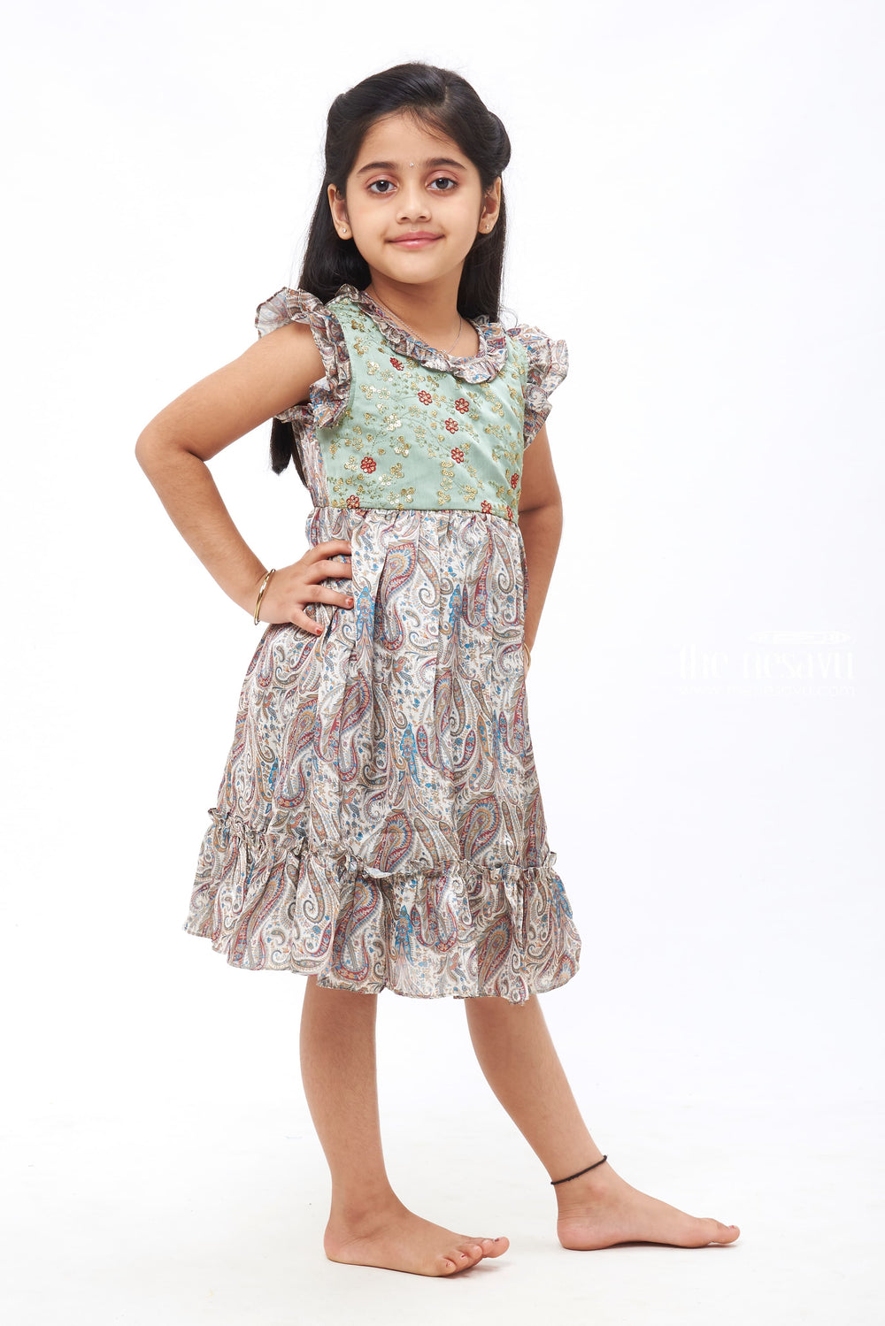 The Nesavu Girls Cotton Frock Elysian Paisley - Exquisite Sequin Embroidered Cotton Frock with Traditional Prints Nesavu The Beauty of Simplicity | Timeless Cotton Frocks for Girls | The Nesavu