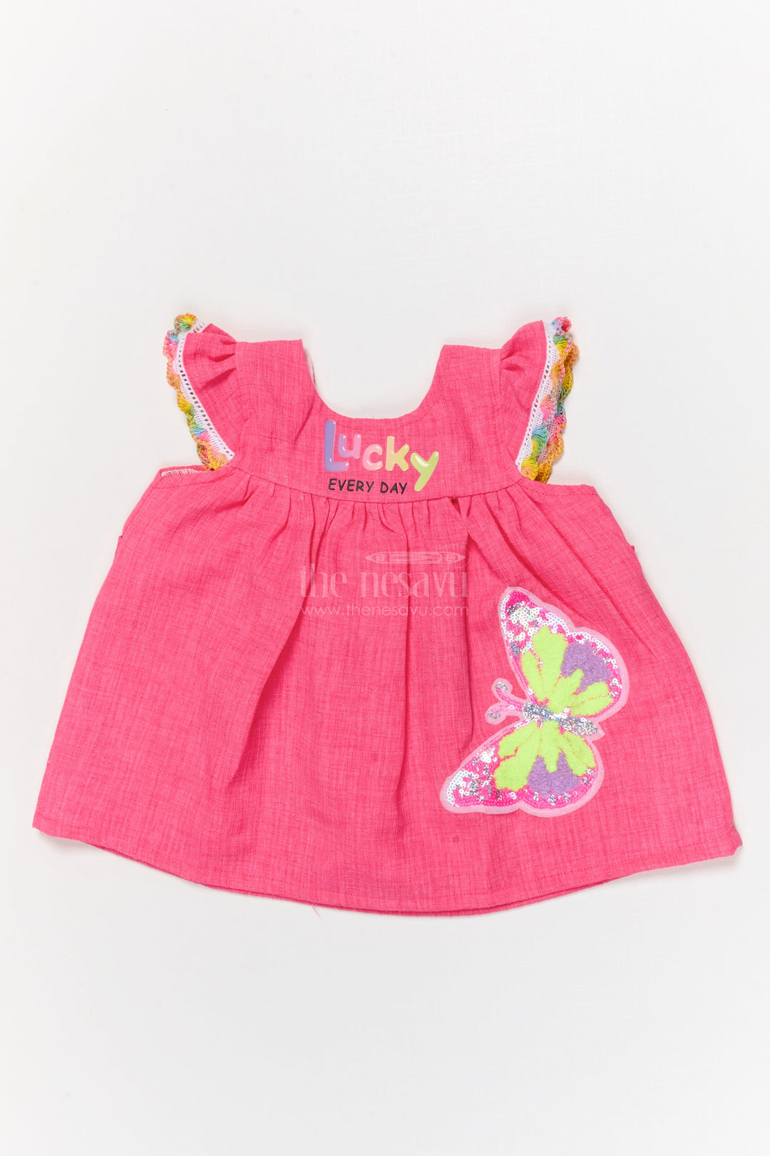 The Nesavu Baby Cotton Frocks Embellished Cotton Frock for Baby Girls with Butterfly Patch and Sequin Trim Nesavu 14 (6M) / Pink BFJ892A-14 Nesavu baby girl cotton frock with butterfly patch and sequin trim for sparkly everyday wear