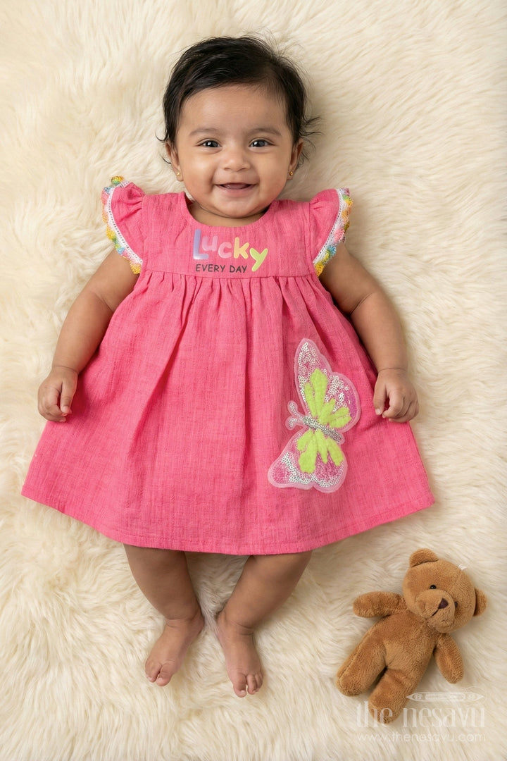 The Nesavu Baby Cotton Frocks Embellished Cotton Frock for Baby Girls with Butterfly Patch and Sequin Trim Nesavu 14 (6M) / Pink BFJ892A-14 Nesavu baby girl cotton frock with butterfly patch and sequin trim for sparkly everyday wear