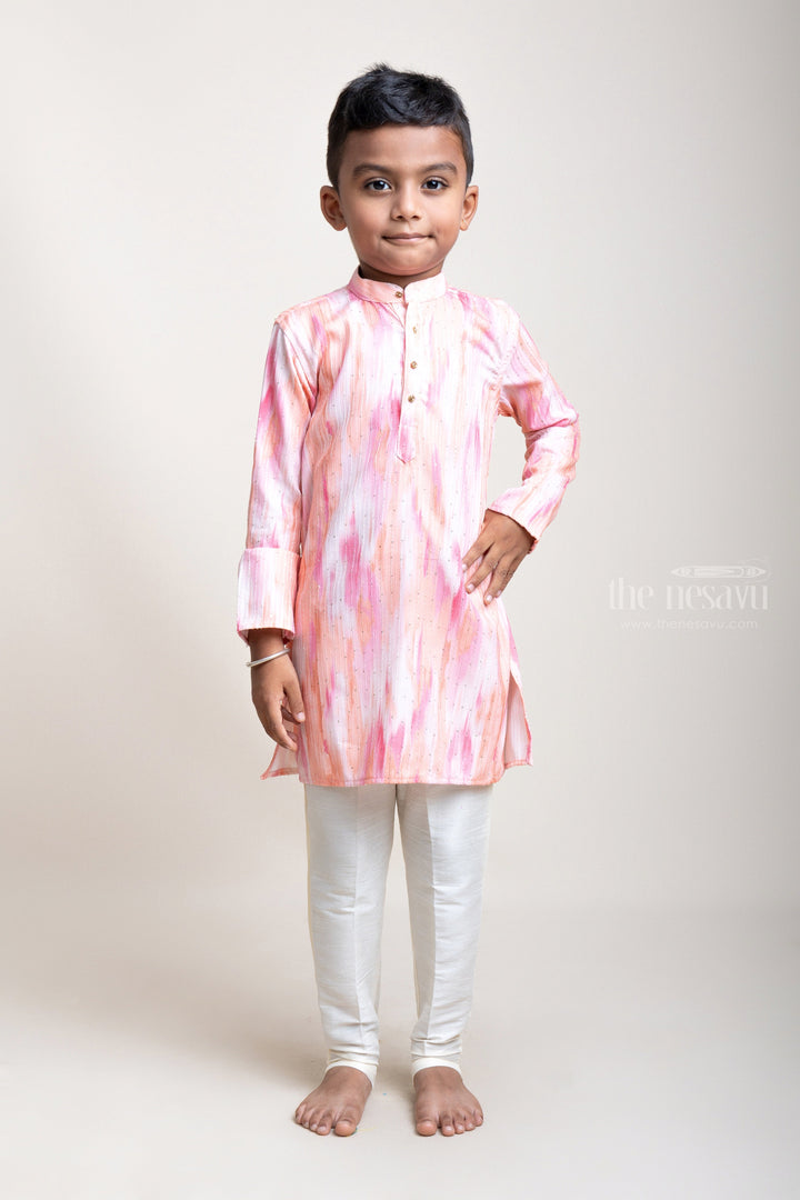 The Nesavu Boys Kurtha Set Embellished Pink And Orange Shaded Cotton Kurta With White Pyjama Pants For Boys psr silks Nesavu 22 (4Y) / Orange / Silk Blend BES261A