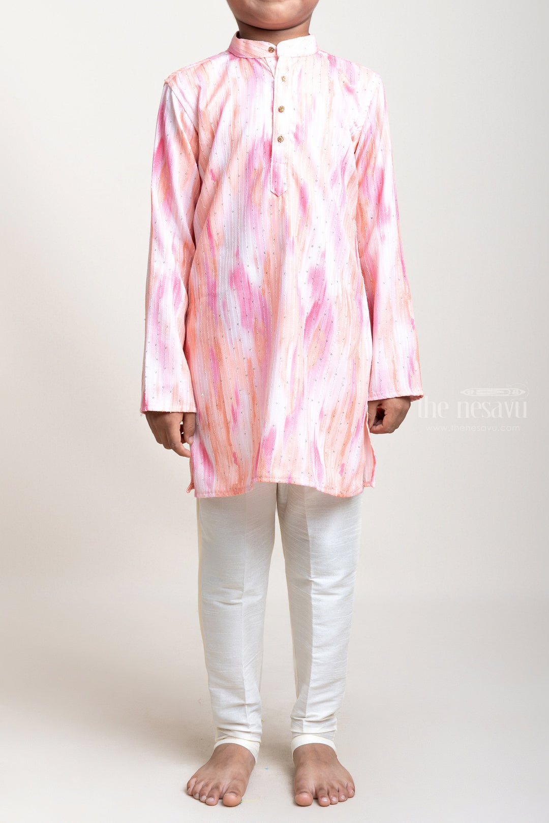 The Nesavu Boys Kurtha Set Embellished Pink And Orange Shaded Cotton Kurta With White Pyjama Pants For Boys psr silks Nesavu
