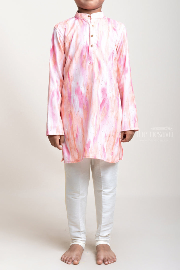 The Nesavu Boys Kurtha Set Embellished Pink And Orange Shaded Cotton Kurta With White Pyjama Pants For Boys psr silks Nesavu