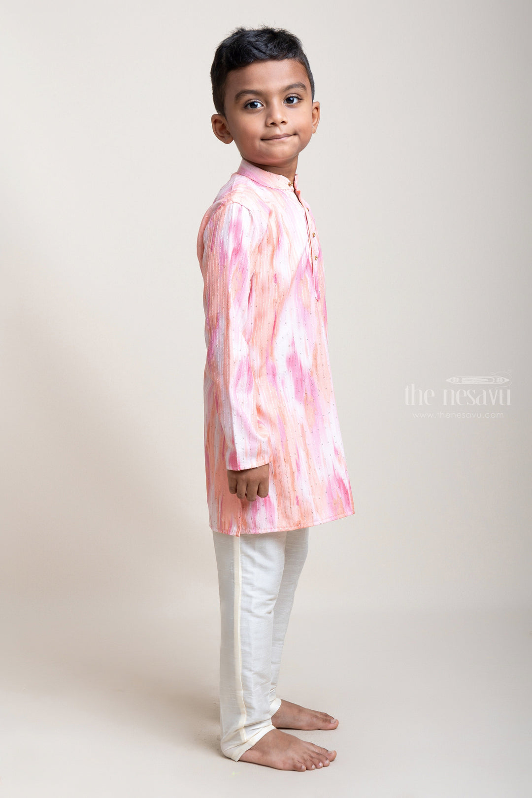 The Nesavu Boys Kurtha Set Embellished Pink And Orange Shaded Cotton Kurta With White Pyjama Pants For Boys psr silks Nesavu