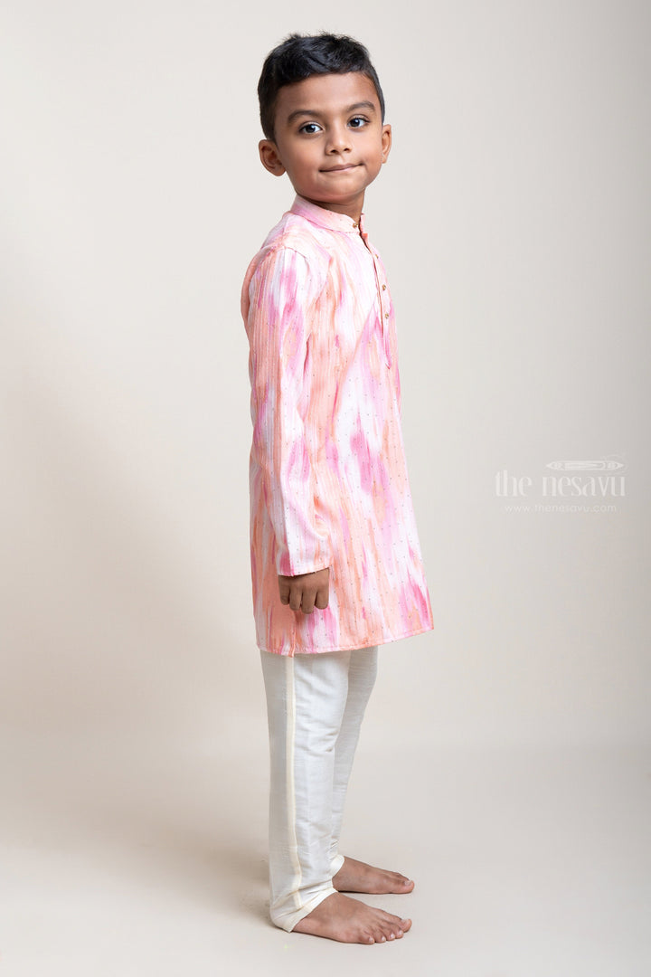 The Nesavu Boys Kurtha Set Embellished Pink And Orange Shaded Cotton Kurta With White Pyjama Pants For Boys psr silks Nesavu