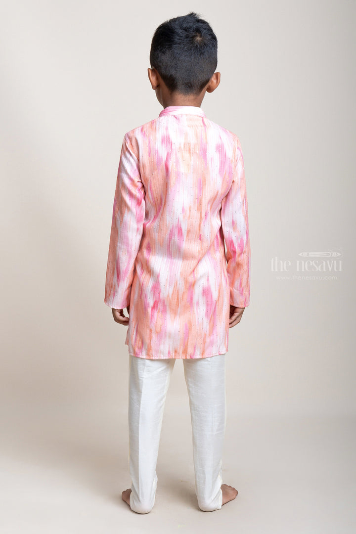 The Nesavu Boys Kurtha Set Embellished Pink And Orange Shaded Cotton Kurta With White Pyjama Pants For Boys psr silks Nesavu