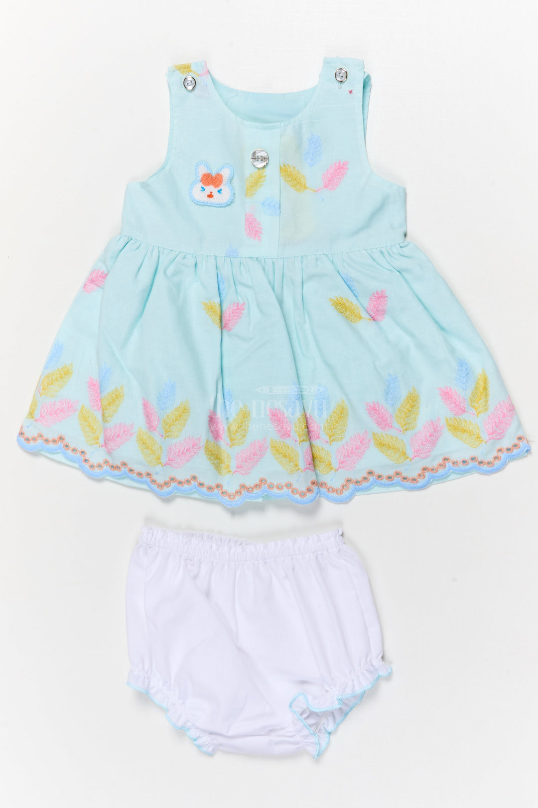 The Nesavu Baby Cotton Frocks Embroidered Baby Frock and Bloomer Set with Playful Leaf Detailing Nesavu 14 (6M) / Turquoise / Cotton Blend BFJ850F-14 Baby frock and bloomer set with multicolor leaf embroidery and character motif