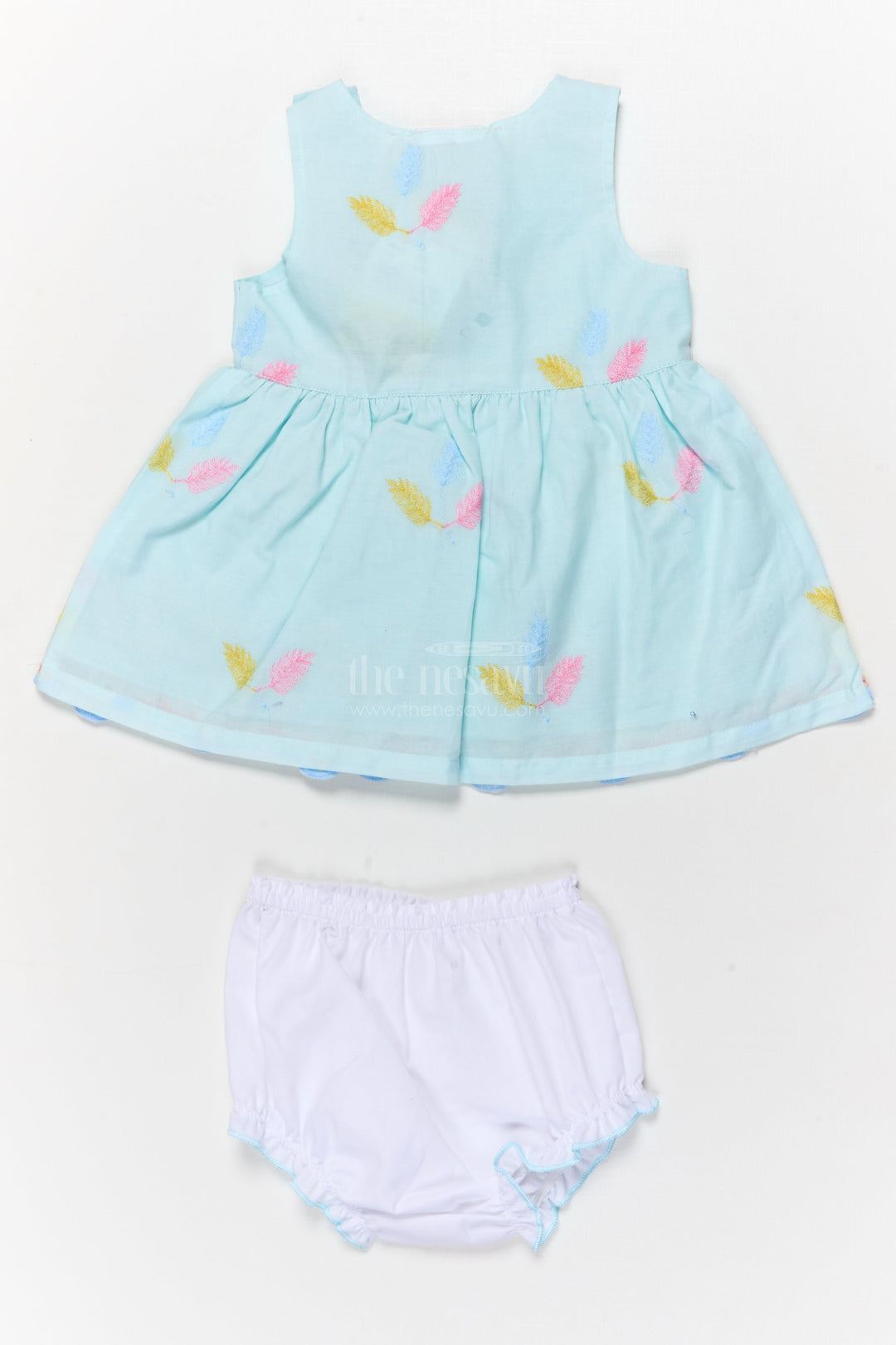 The Nesavu Baby Cotton Frocks Embroidered Baby Frock and Bloomer Set with Playful Leaf Detailing Nesavu Baby frock and bloomer set with multicolor leaf embroidery and character motif