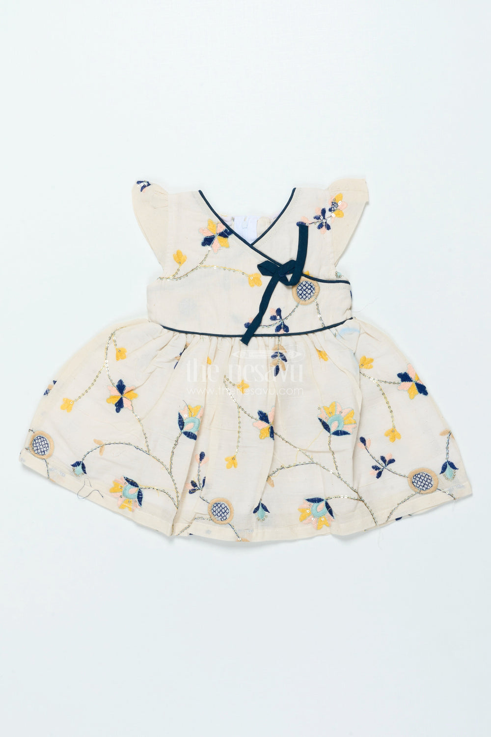 The Nesavu Baby Frocks Embroidered Baby Frock for Traditional Rituals and Birthday Poojas Nesavu 14 (6M) / Cream BFJ869A-14 Nesavu embroidered baby frock cotton naming ceremonies poojas first birthday functions