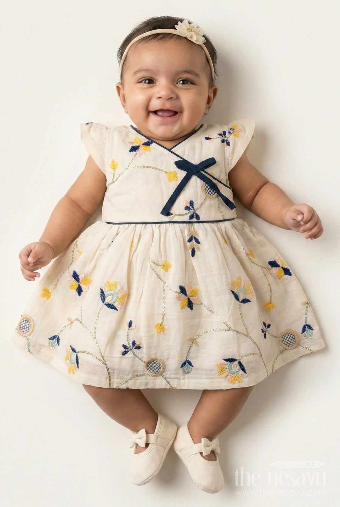 The Nesavu Baby Frocks Embroidered Baby Frock for Traditional Rituals and Birthday Poojas Nesavu 14 (6M) / Cream BFJ869A-14 Nesavu embroidered baby frock cotton naming ceremonies poojas first birthday functions