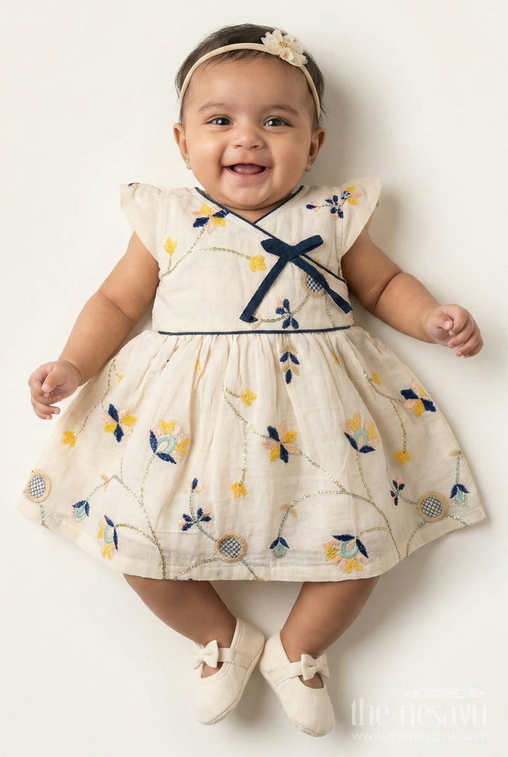 The Nesavu Baby Frocks Embroidered Baby Frock for Traditional Rituals and Birthday Poojas Nesavu 14 (6M) / Cream BFJ869A-14 Nesavu embroidered baby frock cotton naming ceremonies poojas first birthday functions