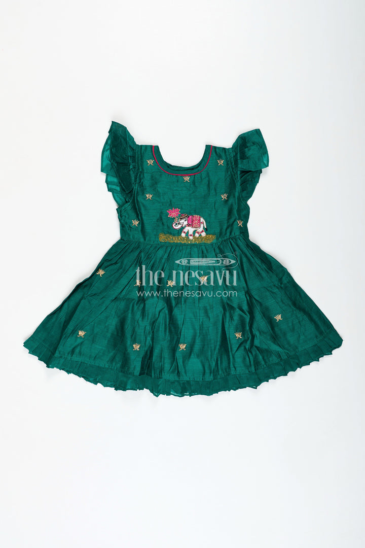 The Nesavu Girls Chanderi Frock Embroidered Chanderi Frock for Girls Festive Ethnic Wear Nesavu 16 (1Y) / Green GFC1836A-16 Nesavu Girls Green Designer Chanderi Frock Thread Embroidery Traditional Waist Bow