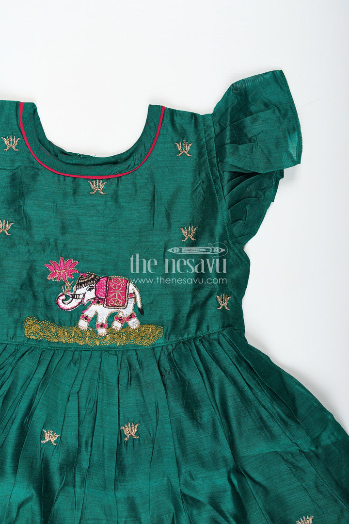 The Nesavu Girls Chanderi Frock Embroidered Chanderi Frock for Girls Festive Ethnic Wear Nesavu Nesavu Girls Green Designer Chanderi Frock Thread Embroidery Traditional Waist Bow