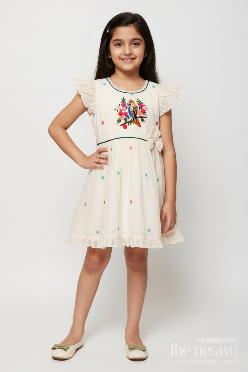 The Nesavu Girls Chanderi Frock Embroidered Chanderi Frock for Girls Perfect for Festive Occasions Nesavu 16 (1Y) / White GFC1984A-16 Nesavu Chanderi frock girls parrot embroidery  ideal festive cultural events