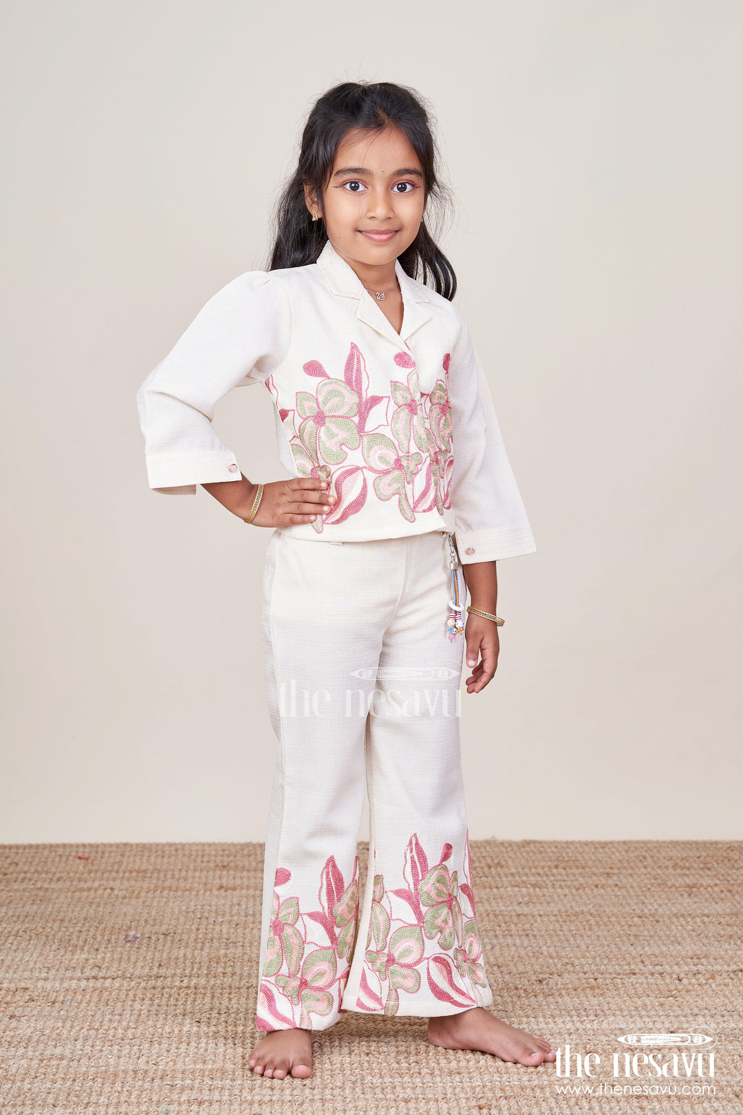 The Nesavu Girls Casual Set Embroidered Cotton Co-Ord Set for Girls with Casual Shirt and Pant Comfy Festive Pick Nesavu Girls embroidered shirt pant cotton set  Nesavu ethnic casual collection