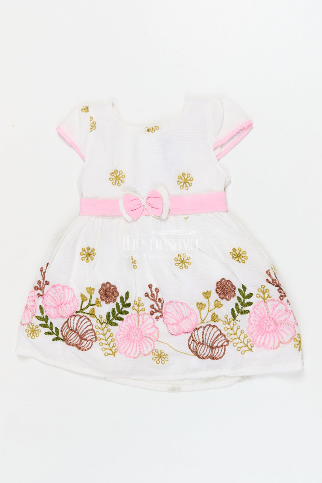 The Nesavu Girls Cotton Frock Embroidered Cotton Frock for Baby Girls’ Weekend Outings Nesavu 14 (6M) / Half white / Cotton BFJ919A-14 Nesavu cotton frock for baby girls with floral embroidery and bow detail – weekend wear
