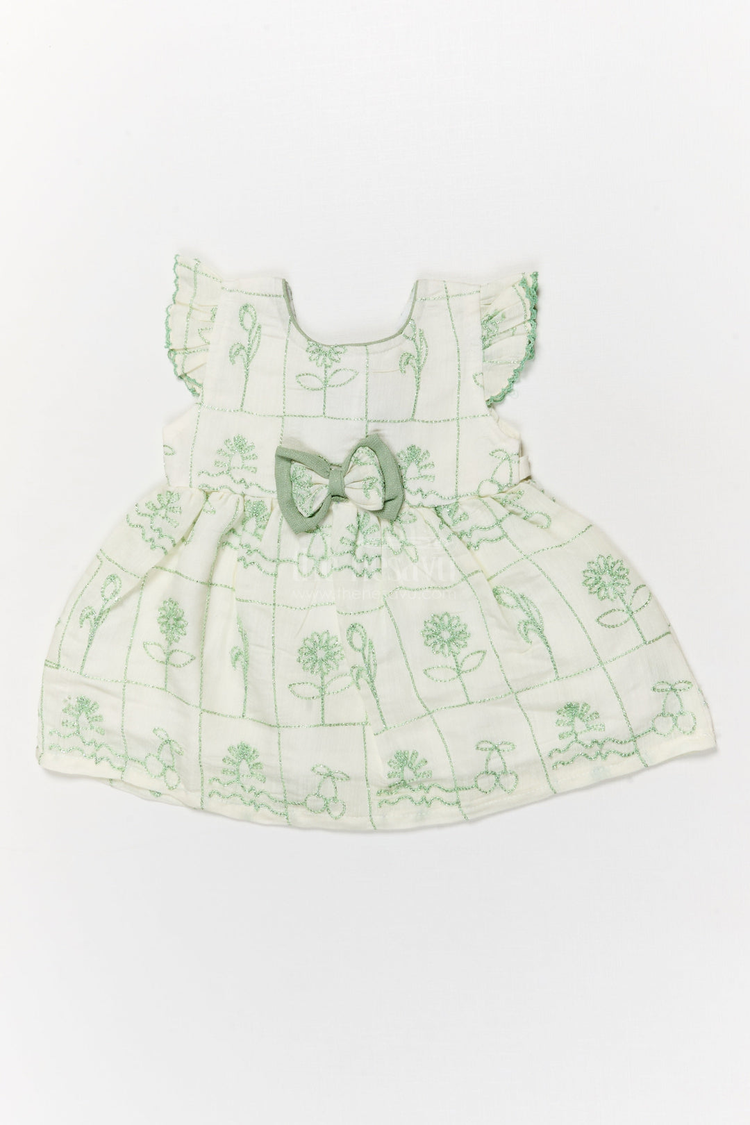 The Nesavu Baby Cotton Frocks Embroidered Cotton Frock for Baby Girls with Classic Bow Accent Nesavu 14 (6M) / Cream / Cotton Blend BFJ911C-14 Nesavu cotton blend frock with floral embroidery and ruffle sleeves for baby girls