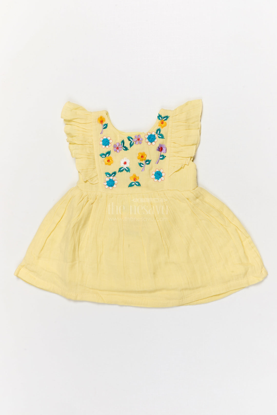 The Nesavu Baby Cotton Frocks Embroidered Cotton Frock for Baby Girls with Ruffle Sleeves and Pleated Flare Nesavu 14 (6M) / Yellow BFJ890D-14 Nesavu baby girl cotton frock with floral embroidery and ruffled sleeves for traditional celebrations
