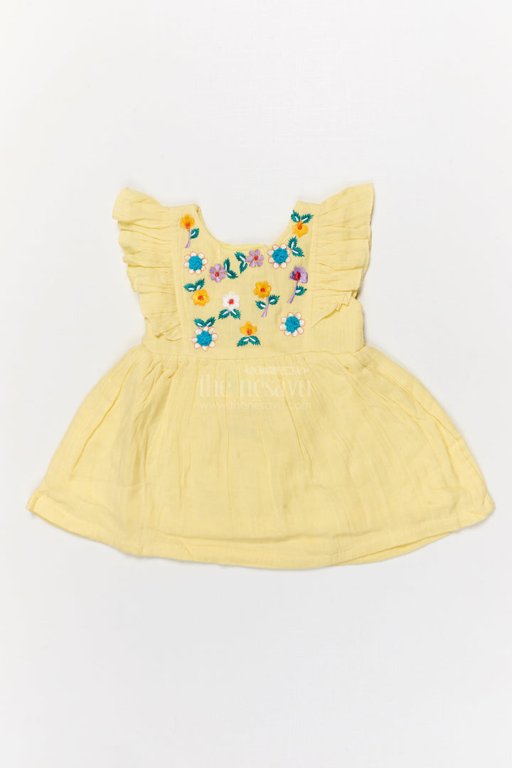 The Nesavu Baby Cotton Frocks Embroidered Cotton Frock for Baby Girls with Ruffle Sleeves and Pleated Flare Nesavu 14 (6M) / Yellow BFJ890D-14 Nesavu baby girl cotton frock with floral embroidery and ruffled sleeves for traditional celebrations