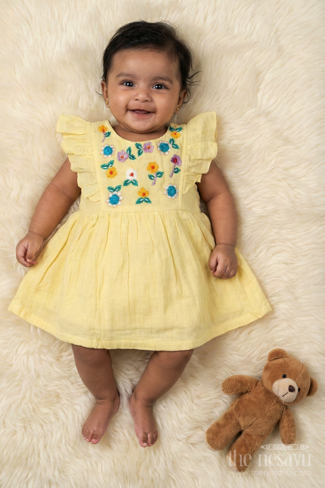 The Nesavu Baby Cotton Frocks Embroidered Cotton Frock for Baby Girls with Ruffle Sleeves and Pleated Flare Nesavu 14 (6M) / Yellow BFJ890D-14 Nesavu baby girl cotton frock with floral embroidery and ruffled sleeves for traditional celebrations