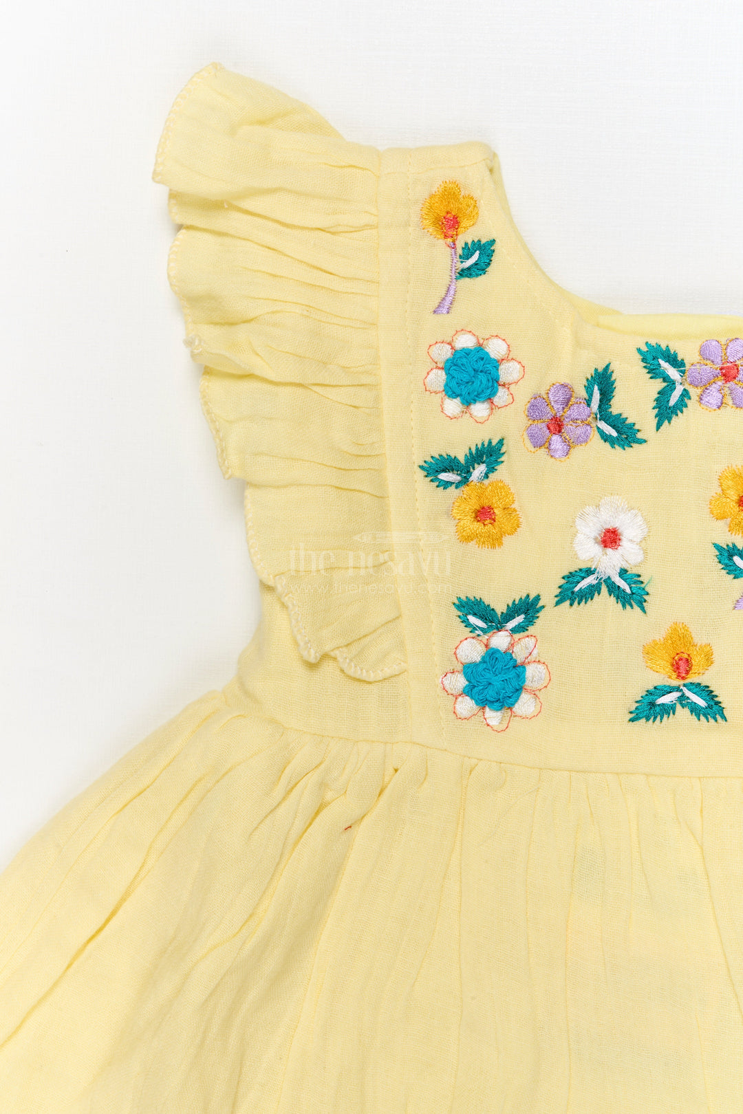 The Nesavu Baby Cotton Frocks Embroidered Cotton Frock for Baby Girls with Ruffle Sleeves and Pleated Flare Nesavu Nesavu baby girl cotton frock with floral embroidery and ruffled sleeves for traditional celebrations