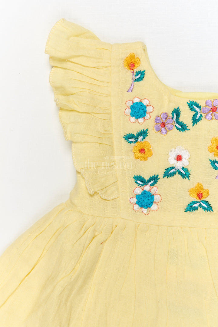 The Nesavu Baby Cotton Frocks Embroidered Cotton Frock for Baby Girls with Ruffle Sleeves and Pleated Flare Nesavu Nesavu baby girl cotton frock with floral embroidery and ruffled sleeves for traditional celebrations