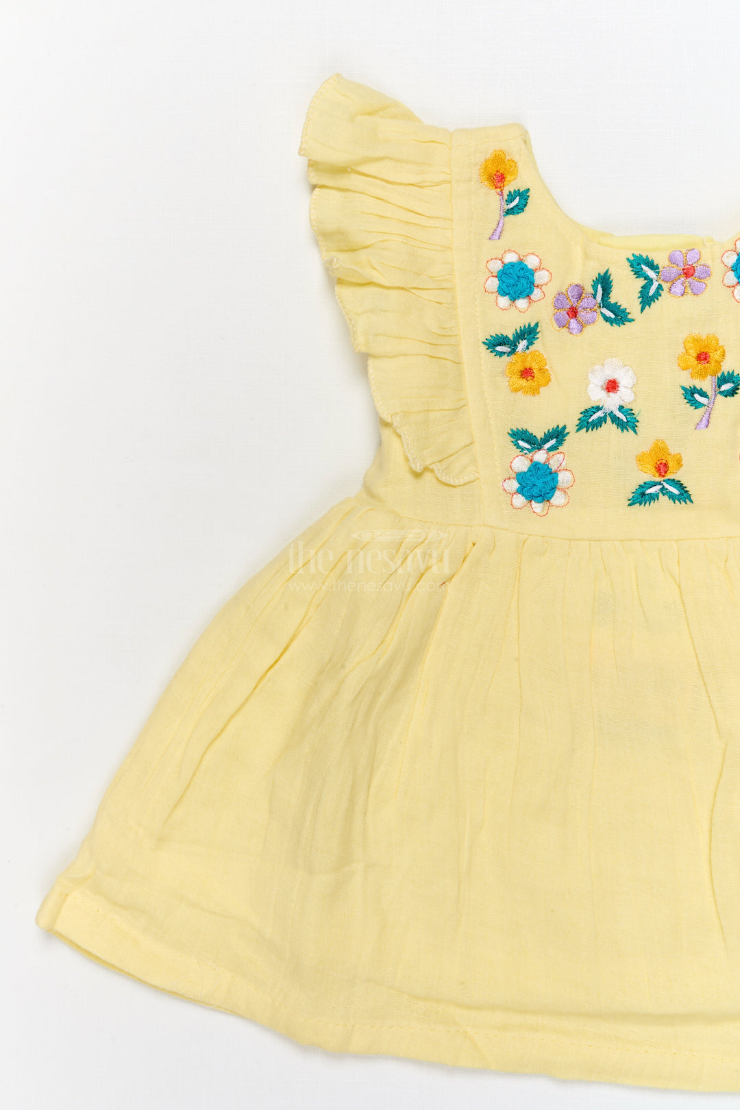 The Nesavu Baby Cotton Frocks Embroidered Cotton Frock for Baby Girls with Ruffle Sleeves and Pleated Flare Nesavu Nesavu baby girl cotton frock with floral embroidery and ruffled sleeves for traditional celebrations