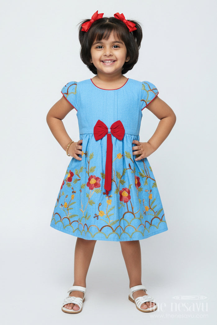 The Nesavu Girls Cotton Frock Embroidered Cotton Frock for Girls for School Functions and Family Outings Nesavu 20 (3Y) / Blue GFC2003A-20 Nesavu embroidered cotton frock girls school events stage functions casual celebrations