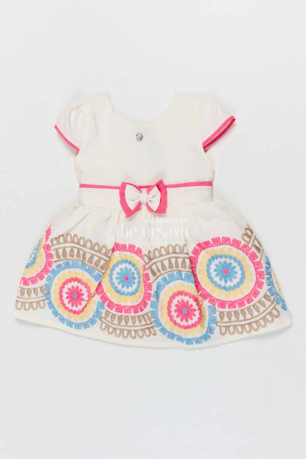 The Nesavu Girls Cotton Frock Embroidered Cotton Frock for Toddler Girls' Day Outings and Events Nesavu 14 (6M) / Beige / Cotton BFJ921A-14 Nesavu toddler girl cotton frock with embroidery for birthdays and festive family outings