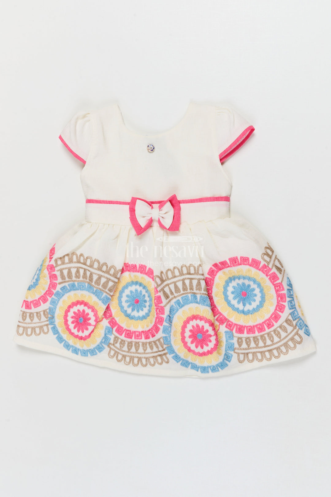 The Nesavu Girls Cotton Frock Embroidered Cotton Frock for Toddler Girls' Day Outings and Events Nesavu 14 (6M) / Beige / Cotton BFJ921A-14 Nesavu toddler girl cotton frock with embroidery for birthdays and festive family outings