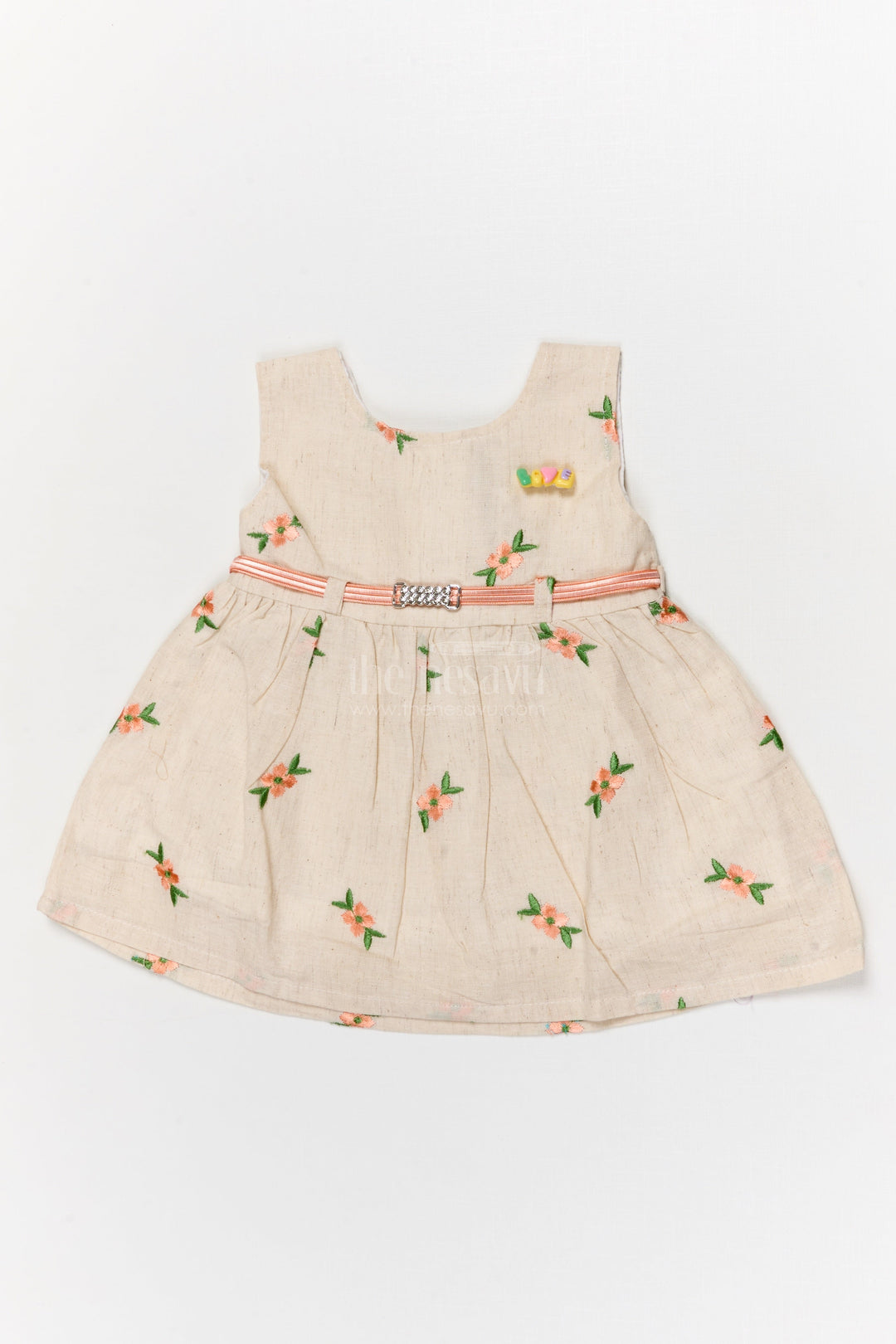 The Nesavu Baby Cotton Frocks Embroidered Cotton Frock for Toddler Girls with Belt for Family Functions Nesavu 14 (6M) / Beige BFJ889A-14 Nesavu embroidered cotton frock for toddler girls with pleats and belt for family occasions