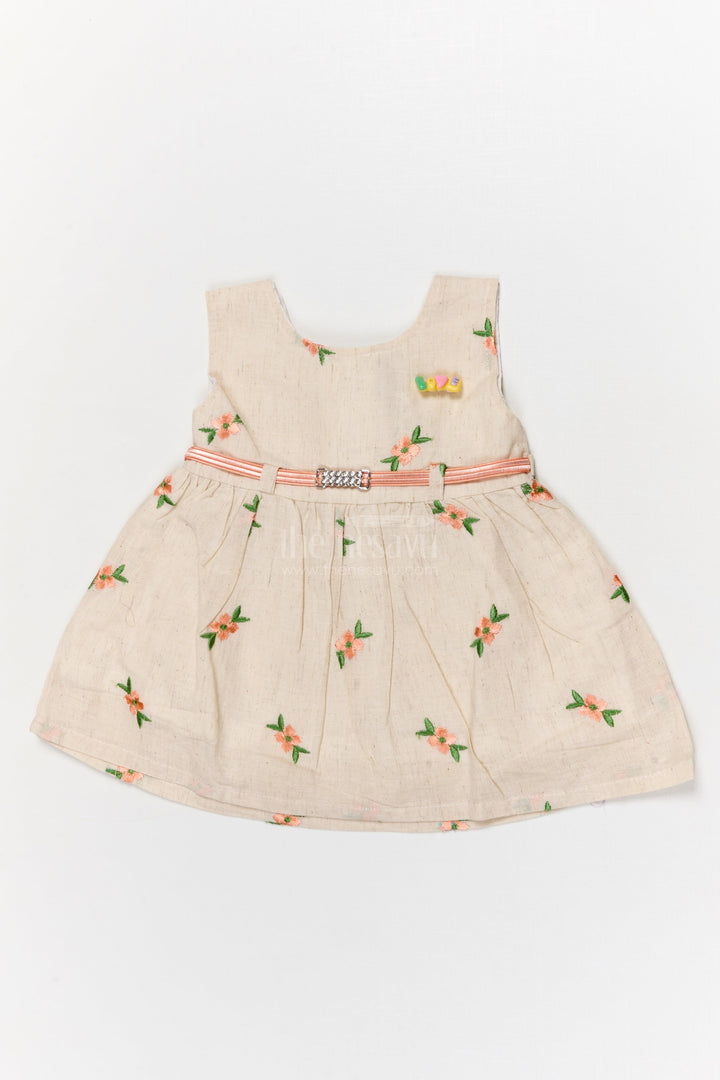The Nesavu Baby Cotton Frocks Embroidered Cotton Frock for Toddler Girls with Belt for Family Functions Nesavu 14 (6M) / Beige BFJ889A-14 Nesavu embroidered cotton frock for toddler girls with pleats and belt for family occasions