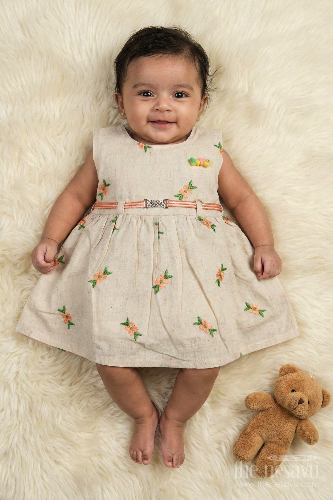 The Nesavu Baby Cotton Frocks Embroidered Cotton Frock for Toddler Girls with Belt for Family Functions Nesavu 14 (6M) / Beige BFJ889A-14 Nesavu embroidered cotton frock for toddler girls with pleats and belt for family occasions