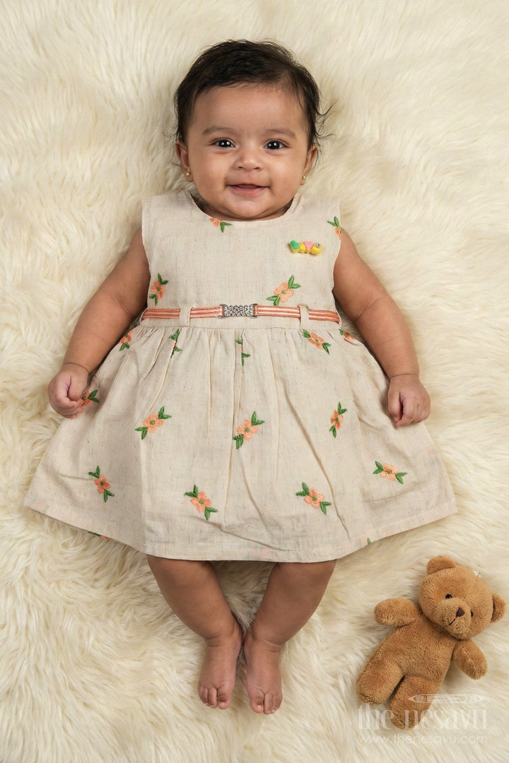 The Nesavu Baby Cotton Frocks Embroidered Cotton Frock for Toddler Girls with Belt for Family Functions Nesavu 14 (6M) / Beige BFJ889A-14 Nesavu embroidered cotton frock for toddler girls with pleats and belt for family occasions