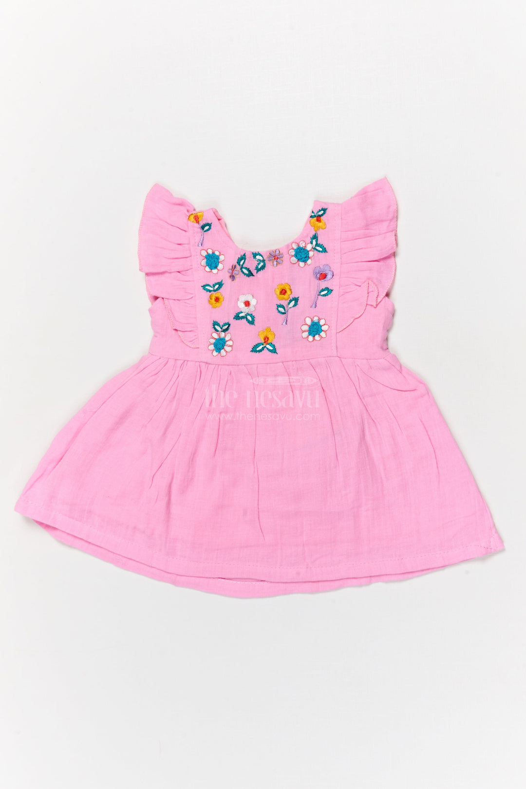 The Nesavu Baby Cotton Frocks Embroidered Cotton Frock with Frilled Shoulders for Baby Girls Nesavu 14 (6M) / Blue BFJ890B-14 Nesavu baby girl embroidered cotton frock with frilled sleeves for festive mornings and birthdays