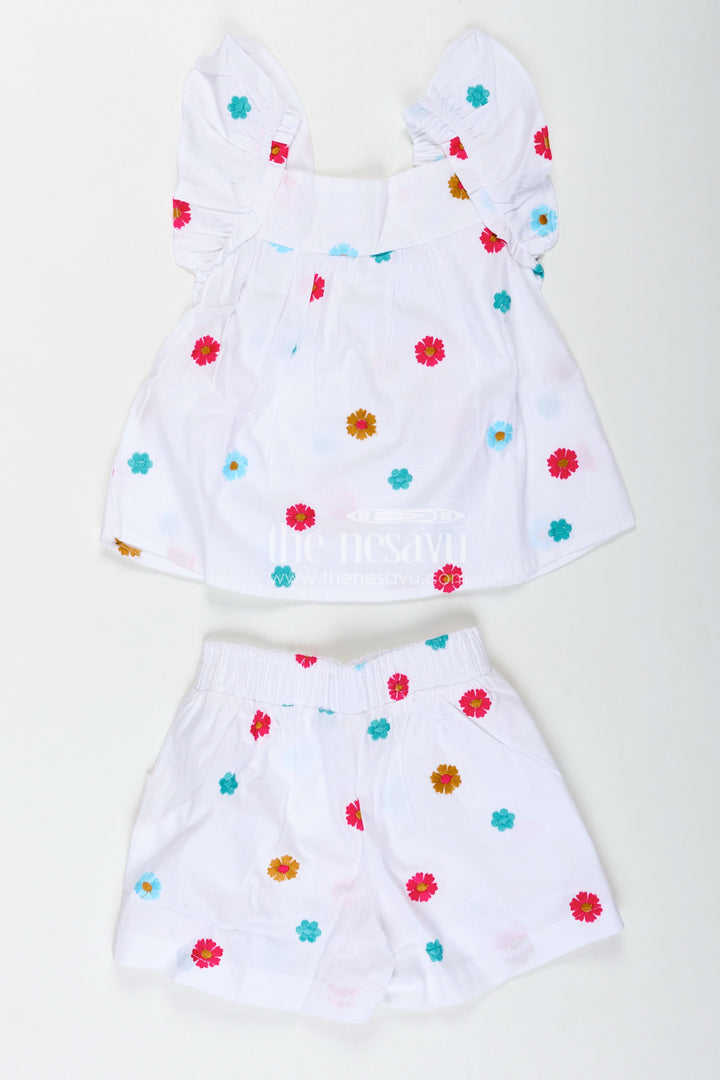The Nesavu Girls Cotton Frock Embroidered Cotton Outfit for Baby Girls Summer Wear Nesavu 16 (1Y) / White GFC1853B-16 Nesavu Baby Girl White Cotton Top Shorts Set Pom-Poms Colorful Thread Embroidery