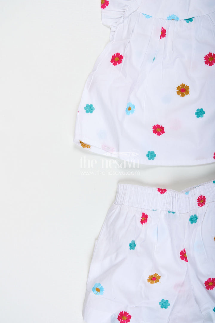 The Nesavu Girls Cotton Frock Embroidered Cotton Outfit for Baby Girls Summer Wear Nesavu Nesavu Baby Girl White Cotton Top Shorts Set Pom-Poms Colorful Thread Embroidery