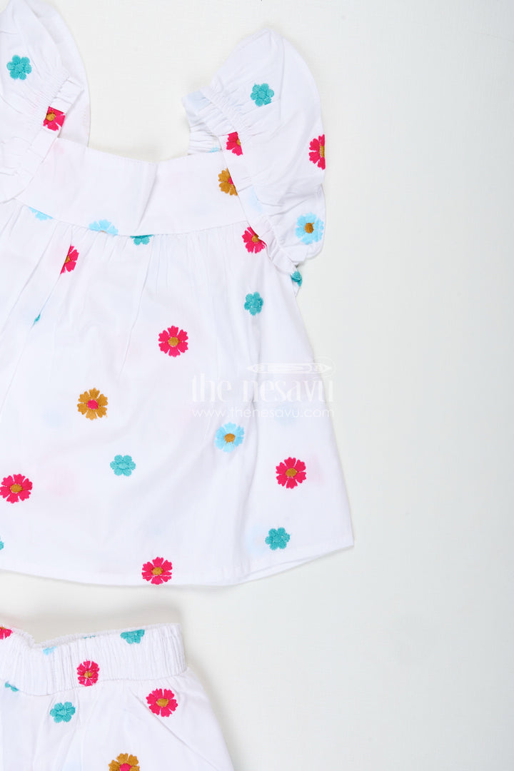 The Nesavu Girls Cotton Frock Embroidered Cotton Outfit for Baby Girls Summer Wear Nesavu Nesavu Baby Girl White Cotton Top Shorts Set Pom-Poms Colorful Thread Embroidery