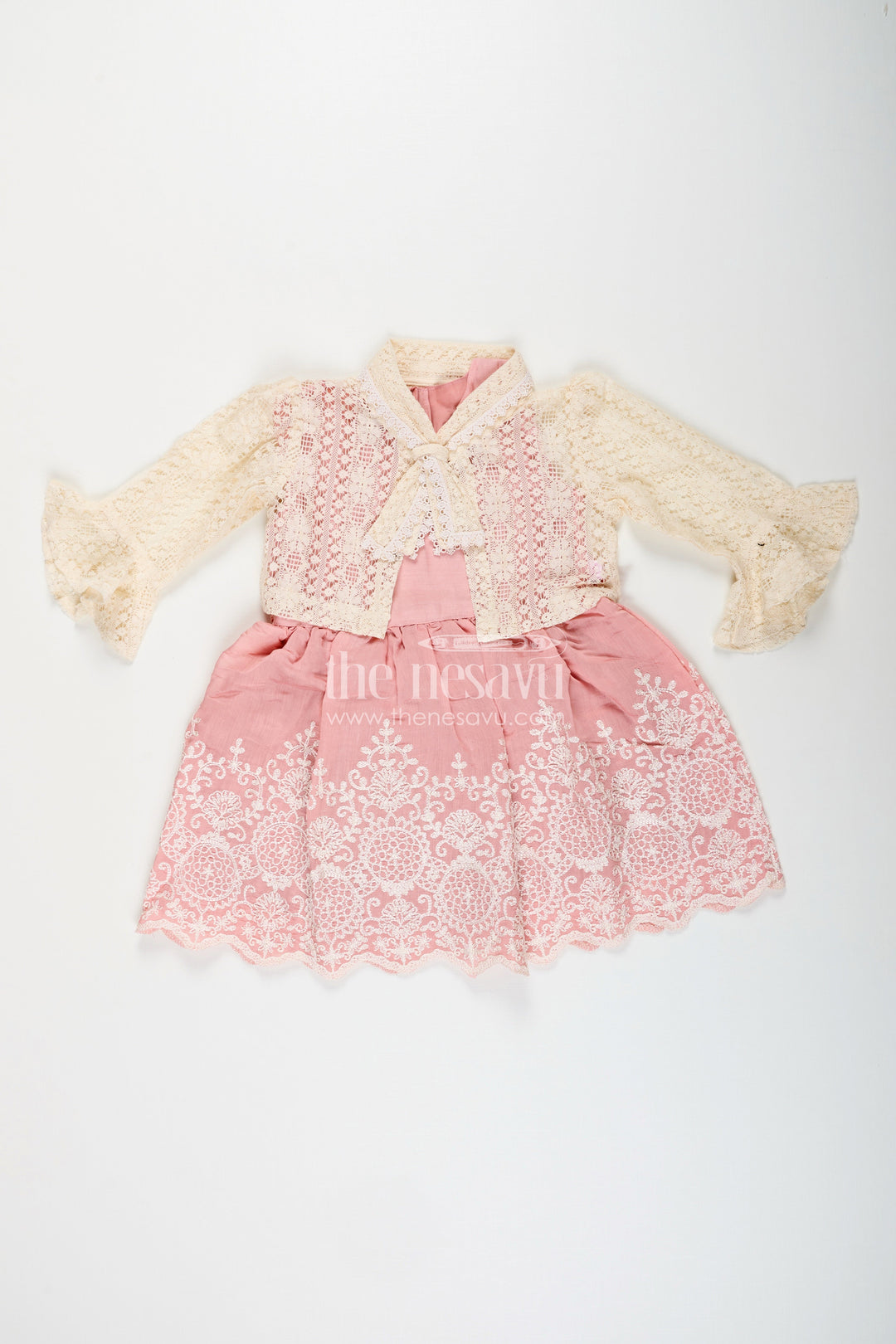 The Nesavu Girls Fancy Frock Embroidered frock and net jacket set for toddler girls for family events Nesavu Nesavu embroidered frock net jacket set toddler girls weddings special occasions