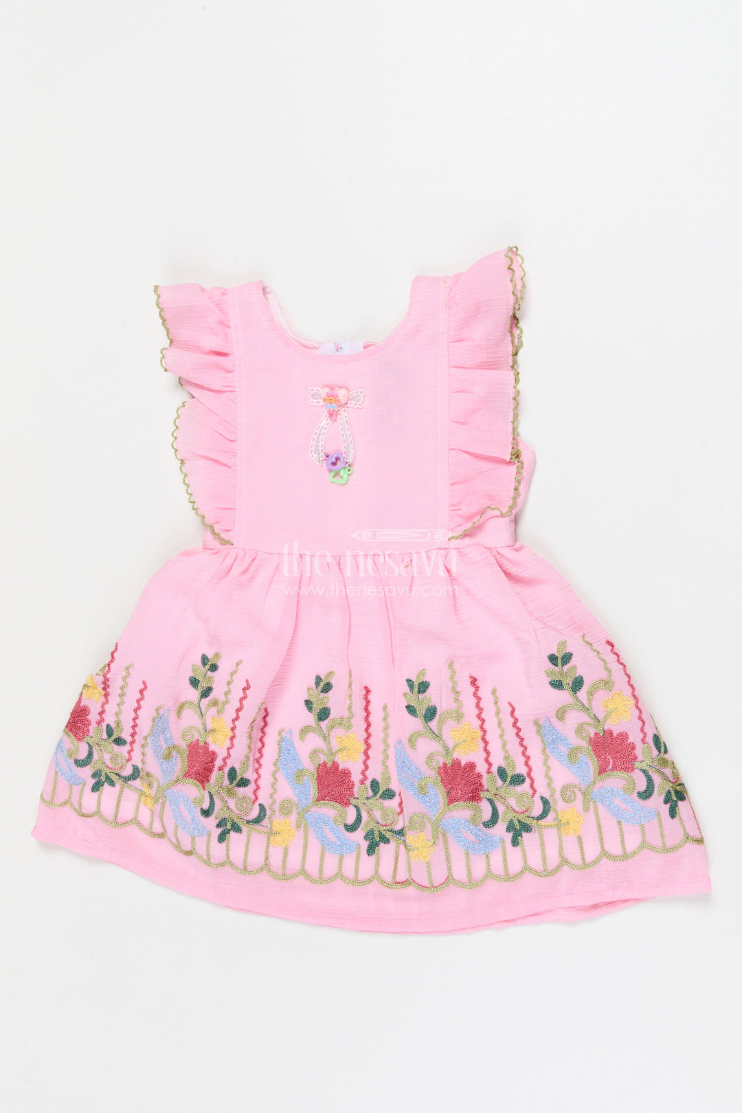 The Nesavu Girls Cotton Frock Embroidered Frock for Baby Girls’ Special Playdates Nesavu 14 (6M) / Peach / Cotton BFJ920A-14 Nesavu baby girl frock with multicolor thread embroidery and frill sleeves for festive play
