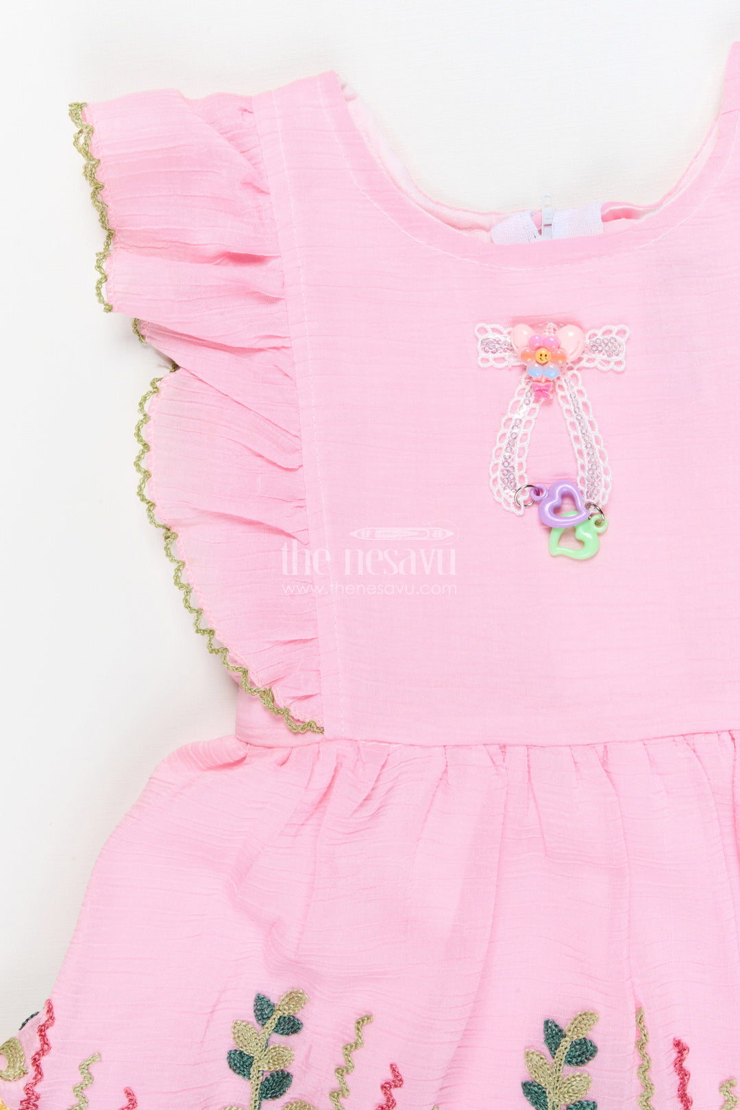 The Nesavu Girls Cotton Frock Embroidered Frock for Baby Girls’ Special Playdates Nesavu Nesavu baby girl frock with multicolor thread embroidery and frill sleeves for festive play