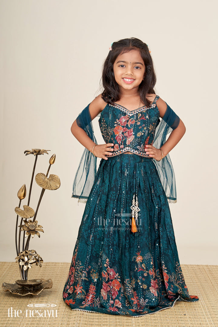 The Nesavu Girls Lehenga Choli Embroidered georgette lehenga choli for girls for festive and wedding wear Nesavu Nesavu green girls georgette lehenga choli with floral embroidery and mirror lace for festive wear