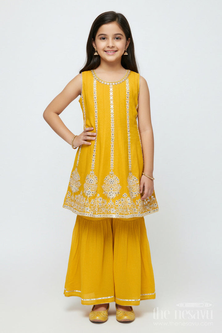 The Nesavu Girls Sharara / Plazo Set Embroidered Girls Sharara Set with Dupatta Perfect for Wedding and Festive Celebrations Nesavu 22 (4Y) / Yellow GPS688A-22 Nesavu girls embroidered georgette sharara set dupatta elegant festive wedding wear