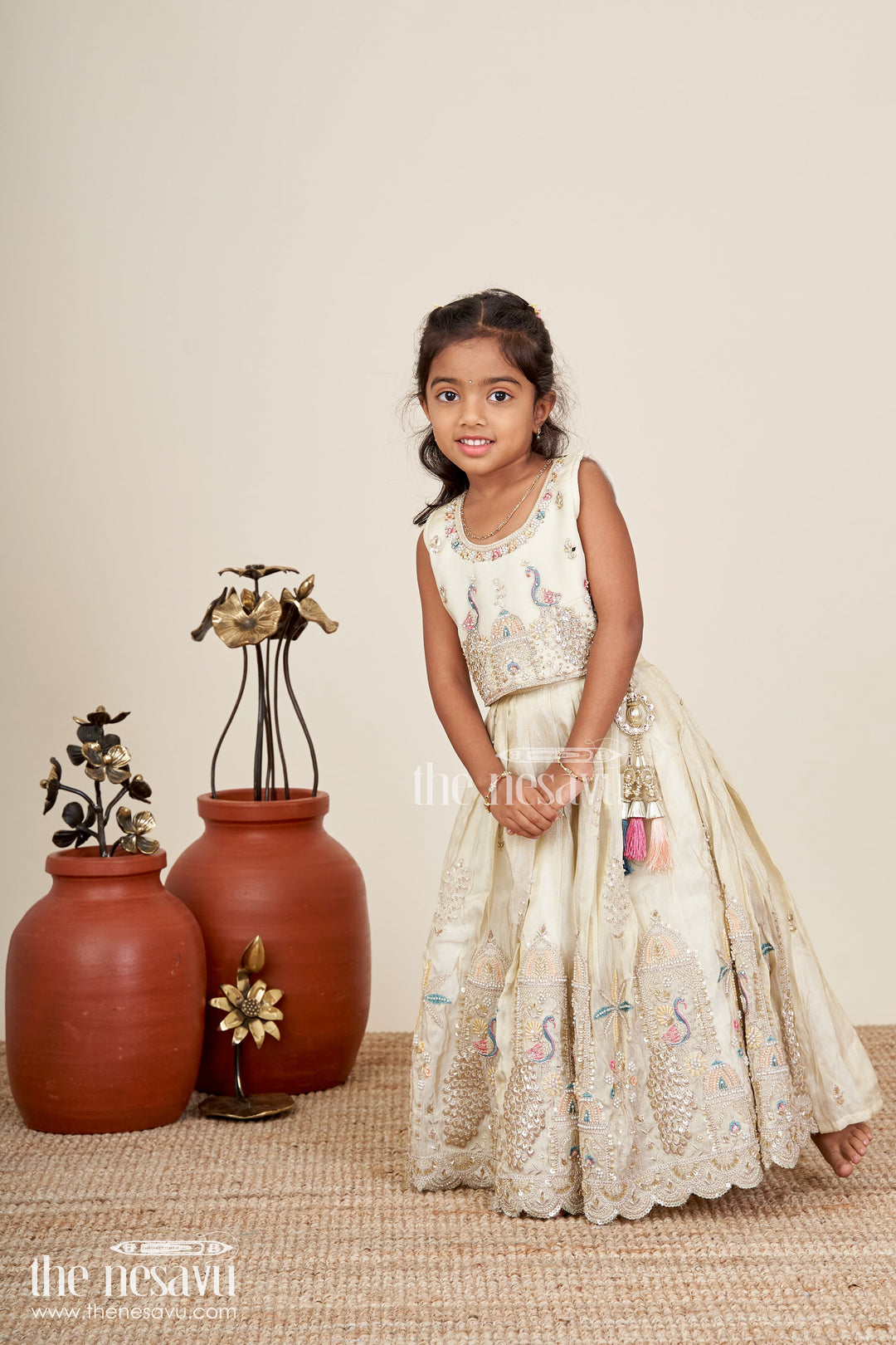 The Nesavu Girls Lehenga Choli Embroidered lehenga choli for girls ideal for weddings and cultural celebrations Nesavu 16 (1Y) / Cream GL675A-16 Nesavu girls embroidered lehenga choli tissue viscose silk  perfect weddings festive occasions