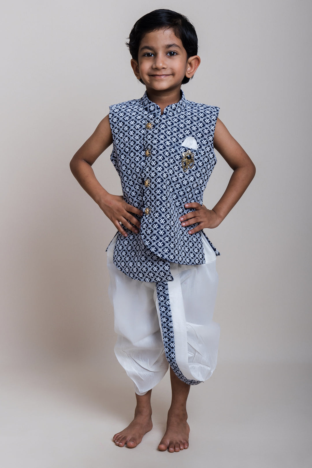 The Nesavu Boys Dothi Set Embroidered Navy Blue Sleeveless Kurta And Striped White Dhoti For Boys Nesavu 14 (6M) / Blue / Silk Blend BES268B-14 Latest Kurta And Dhoti Collection 2023| Sankranti Special| The Nesavu